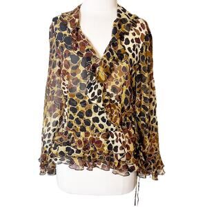 Escada silk animal print faux wrap ruffle blouse sz 36
